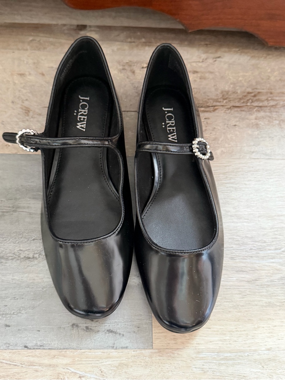 J. Crew Black Patent Mary Jane Flats with Crystal Buckle Accent